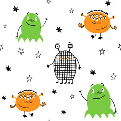 Fototapeta premium Childish seamless pattern with cute monsters. Vector texture for kids apparel, fabric, textile, wrapping