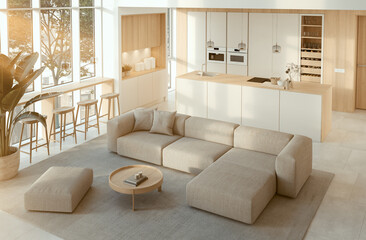 3D Illustration. Modern kitchen in loft apartment.