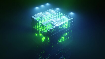 3d illustration of 4K UHD cube glowing with neon light