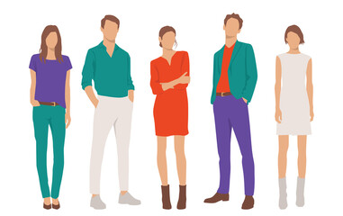 Obraz premium Set of young men and women, different colors, cartoon character, group of silhouettes of standing business people, students, the design concept of flat icon, isolated on white background