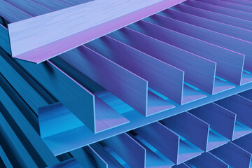 Metal iron corners in purple and blue, abstract industrial illustration for construction, rolled metal in a stack, 3D rendering