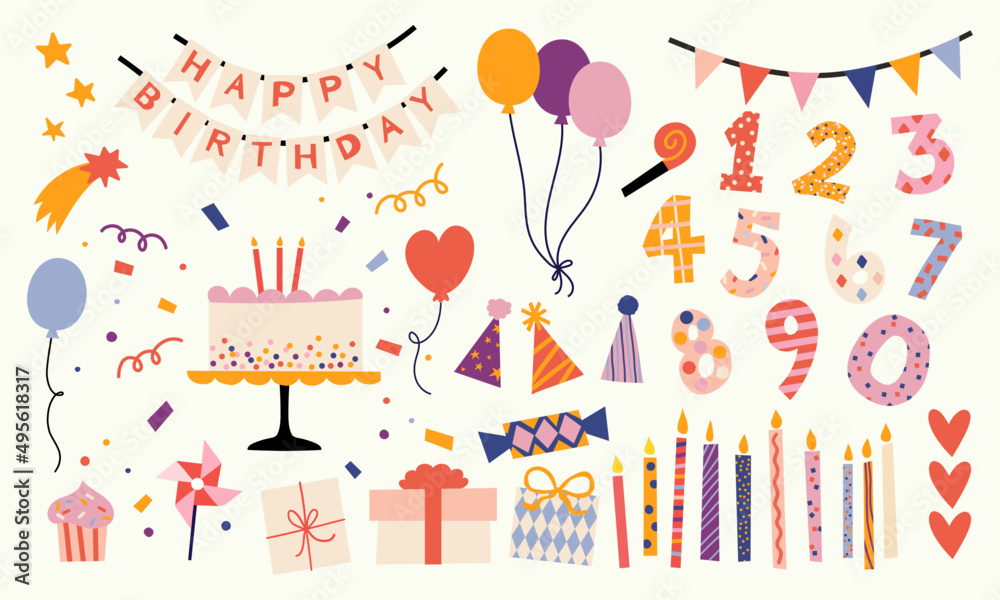 Wall mural Collection of various festive elements for a birthday party. Set of simple and cute items for design. Vector hand drawn illustration. All elements are isolated.