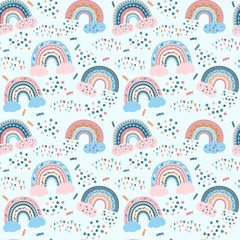 Pink and blue rainbows on the clouds. Bright print for fabric, packaging, digital paper. Childish design of seamless pattern of funny rainbows.