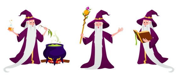 Obraz na płótnie Canvas Cartoon wizard set. A magical character with a long gray beard and a hat in different situations and poses. The wizard brews a potion, reads a magic book, greets. Vector isolated on the white.