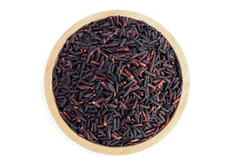 Close up of riceberry rice in a wooden bowl on white background  with clipping path.