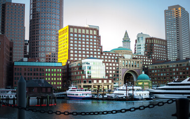 Fototapeta na wymiar yachts and riverboats moored in Boston harbor landscape 