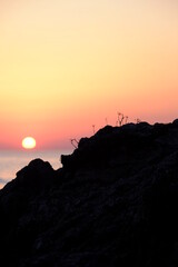 A nice landscape and sunset from the  rocky coast of Batz-sur-Mer. March 2022, la Govelle Beach, France.