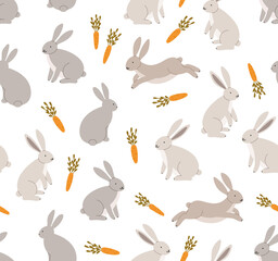 Seamless pattern of rabbits in various poses with carrots. Hand-drawn vector rabbits, isolated on white background. Spring season concept, Easter, nature.