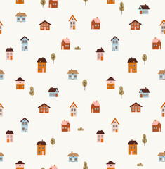 Seamless pattern of various small tiny houses and trees. Hand-drawn small town houses set. Theme of a small town, city planning.