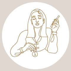 Manicurist with nail file and nail polish. Stylish highlight. Line art. Nude shades. Print for covers, postcards, textiles, stationery. Vector illustration isolated on white background.