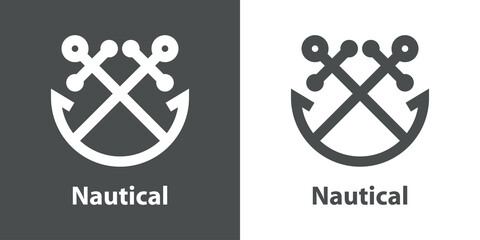 Logotipo con texto Nautical y silueta de 2 anclas de barco en aspa con forma de círculo con líneas en fondo gris y fondo blanco