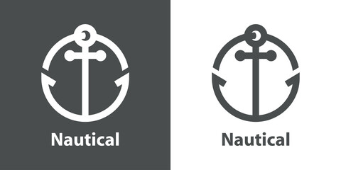 Logotipo con texto Nautical y silueta de ancla de barco con forma de círculo con líneas en fondo gris y fondo blanco