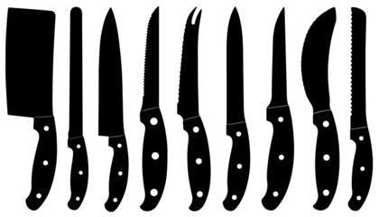 Different kitchen knives silhouette isolated on white