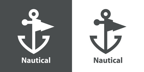 Logotipo con texto Nautical y silueta de ancla de barco con bandera con líneas en fondo gris y fondo blanco
