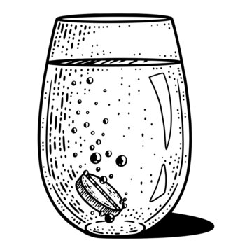 Medicine, effervescent tablet in a glass of water. Line art sketch picture. Hand drawn.