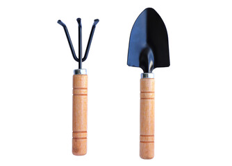 Set of gardening, a small hand rake, a hoe, and a shovel with a wooden handle on white background with clipping path. 