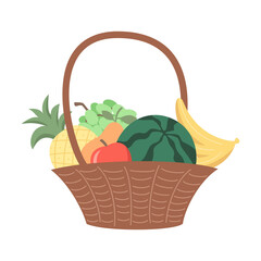 Wicker basket with various fruits.