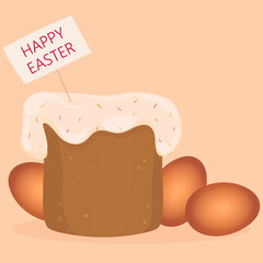 Illustration with sweet easter decorated with sweet cream and inscription happy easter, festive easter card