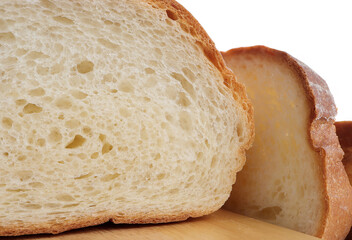 Close up of Fresh homemade crisp bread, loaf of bread on white background. Healthy homemade pastry.