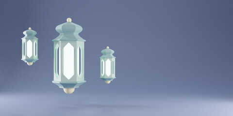 Ramadan Kareem Horizontal Sale Header or Template with 3d hanging Lanterns on Night Sky Blue Background. Vector illustration. Traditional Lanterns and Place for Text.