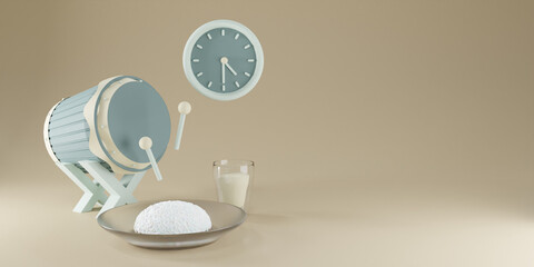 Ramadan Kareem with drum, rice on plate, drink, and clock. 3d Islamic template greeting card. Suhoor or Sahur, pre dawn meal menu concept.