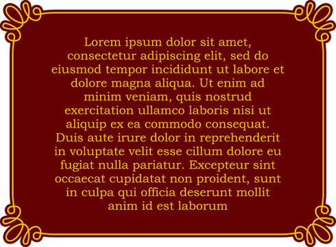 Vector burgundy maroon background or advertising banner with golden border frame. Rectangular brown red horizontal sign, card, plaque, signboard, sticker or label