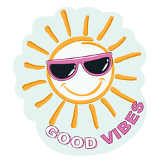 Hand drawn Happy Sun and lettering of Good Vibes.