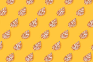 Repetitive pattern made from seashells. Creative layout on a yellow background. Summer concept.
