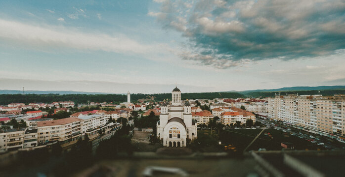 Panoramic view of Romanian Orthodox Church in Onesti, Bacau County, Romania
