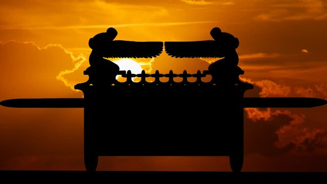 Ark of the Covenant, Time Lapse at Sunset with Red Sky, Fiery Sun, and Jewish religious symbol in Silhouette