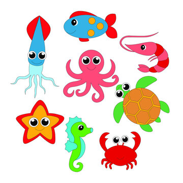 sea ​​animals set for kids. Sea animals vector set. Big set of cartoon sea creatures isolated on white background. Whale, starfish, fish, octopus, crab.