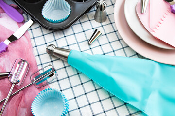 spatulas and cream tips . set of pastry spatulas. Pastry bag cream blue injector for cake dessert...