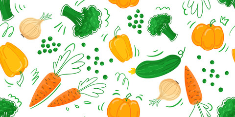 Seamless pattern of vegetables in cartoon style hand drawing broccoli, carrots, peas, onions, pumpkin. Seamless pattern for kitchen textiles, tablecloth, wrapping paper