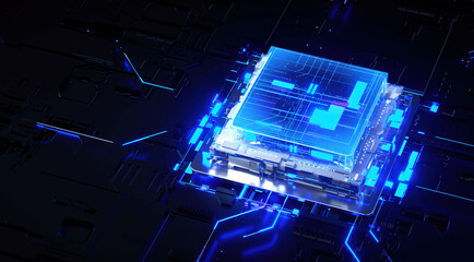 3D rendering of cyberpunk AI. Circuit board. Technology background. Central Computer Processors CPU and GPU concept. Motherboard digital chip. Tech science background.