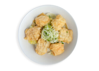 Fish fried serve with rice on the white background. japanese food style,Top view