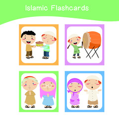 Cute Islamic image flashcards. Islamic flashcards collections. Colorful printable flashcards for preschool Educational printable game cards. Vector illustration