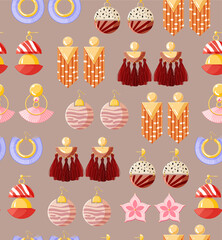 Modern earrings vector seamless pattern for packaging, wallpaper, cover, poster, template, and more. Flat style illustration. Pink and red golden accessories pattern on beige background