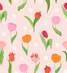 Spring tulip seamless vector pattern for for packaging, wallpaper, cover, poster, template, and more. Abstract colorful background. Spring wedding invitation. Flat style illustration