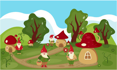 Vector flat illustration of a dwarf village. Cute gnomes in a summer glade. Beautiful cartoon landscape. Children's illustration.ESP10.