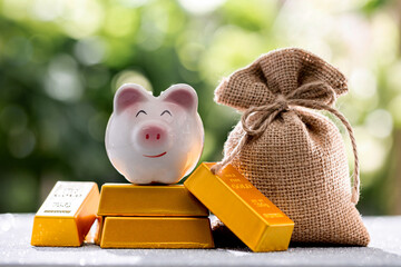 A piggy bank placed on top of a gold bar and money bag placed together. Wealth obtained from the...