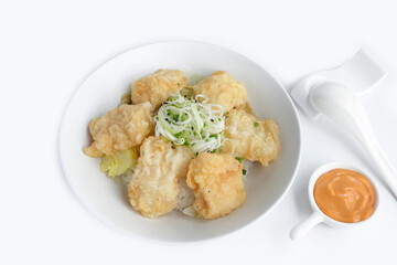 Fish fried serve with rice on the white background. japanese food style,Top view