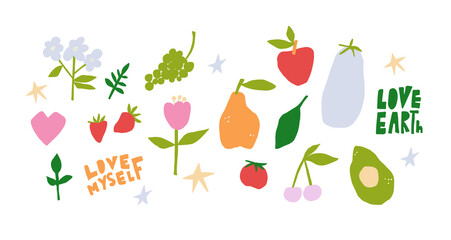 Fruits and vegetables modern collage style. Grunge farm produce set. Grape, apple, eggplant, avocado, cherry, cherry, tomato, pear, strawberry, flower and lettering.