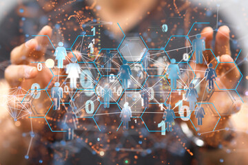 holding 3D rendering group of blue people