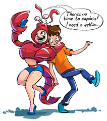 Cartoon caricature a girl in a crab costume grabbed a man and takes a selfie.