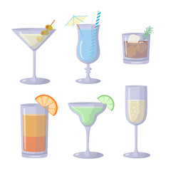 Set of alcoholic cocktails in glasses in a flat style. Menu design elements. Famous summer cocktails.