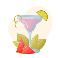 Fresh alcoholic cocktail with watermelon and lime. Menu design elements. Summer cocktail in a flat style.