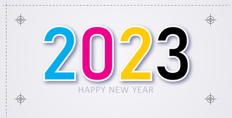 Happy New Year vector illustration. CMYK color model letter. Prepress proofing concept. Provider of printer ink and toner, letterpress printers. Keep printing! 2023 new year. Christmas, New year - obrazy, fototapety, plakaty