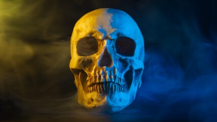 Human skull with yellow and blue lighting and smoke