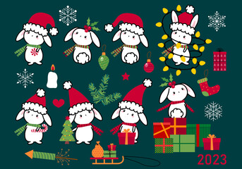 Obraz na płótnie Canvas Rabbit with Santa Claus hat, gift boxes, Christmas tree, sweets. Holiday New Year, Christmas set, collections with rabbits (symbol of 2023)