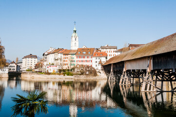 Olten, Stadt, Stadtturm, Aare, Fluss, Alte Brücke, Holzbrücke, Altstadt, historische Häuser,...